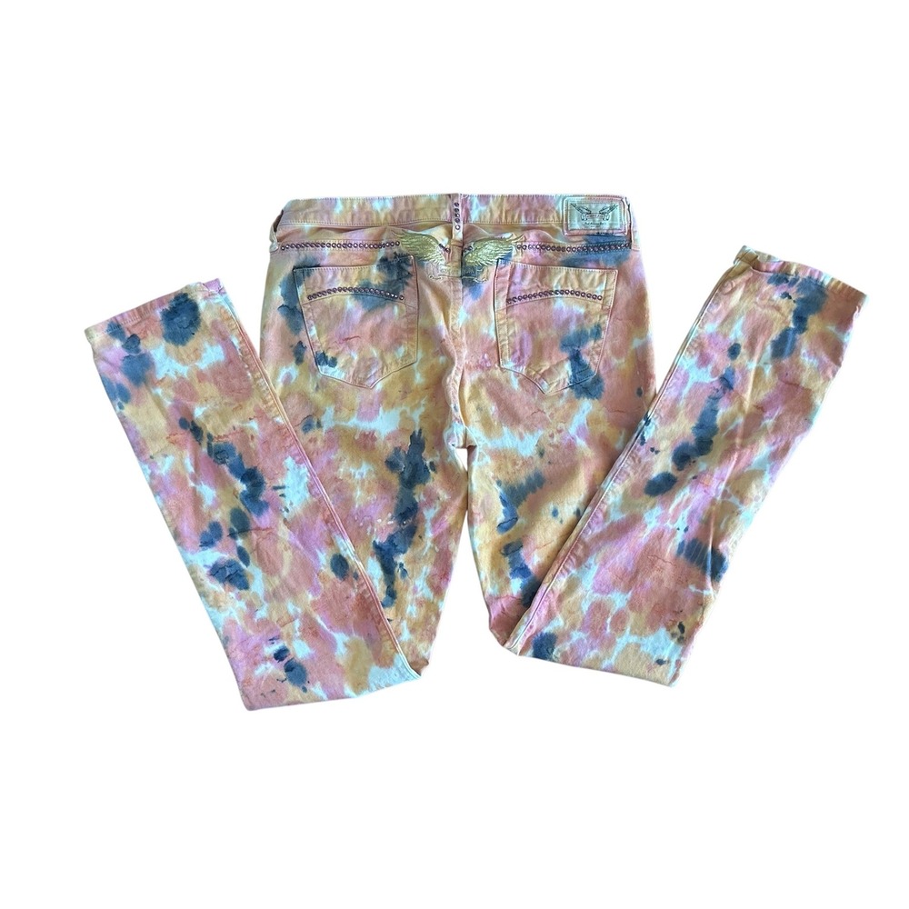 Robins Jean Tie Dye Pink Orange Studded Gold Wing Denim Pants Mens Size 33 USA